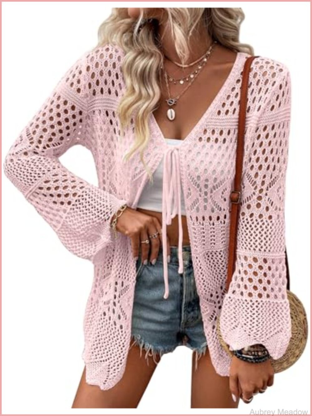 Crochet Cardigan Lightweight Long Sleeve Tie Front Hollow Out Thin Sweater